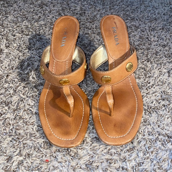 Prada Sandals Light Brown Studded Gladiator Thong Sandal/Kitten Mules - Picture 10 of 10